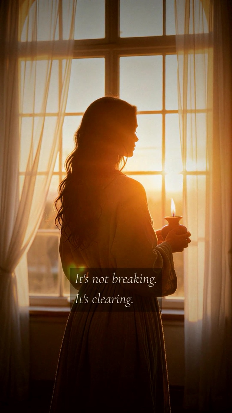 A woman at a window filled with sunrise light