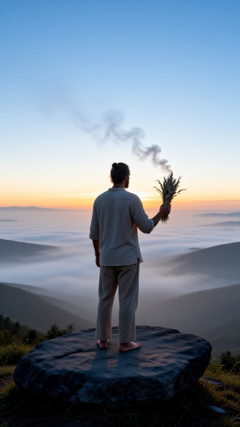 A man stands barefoot on a rock at dawn holding smoking herbs